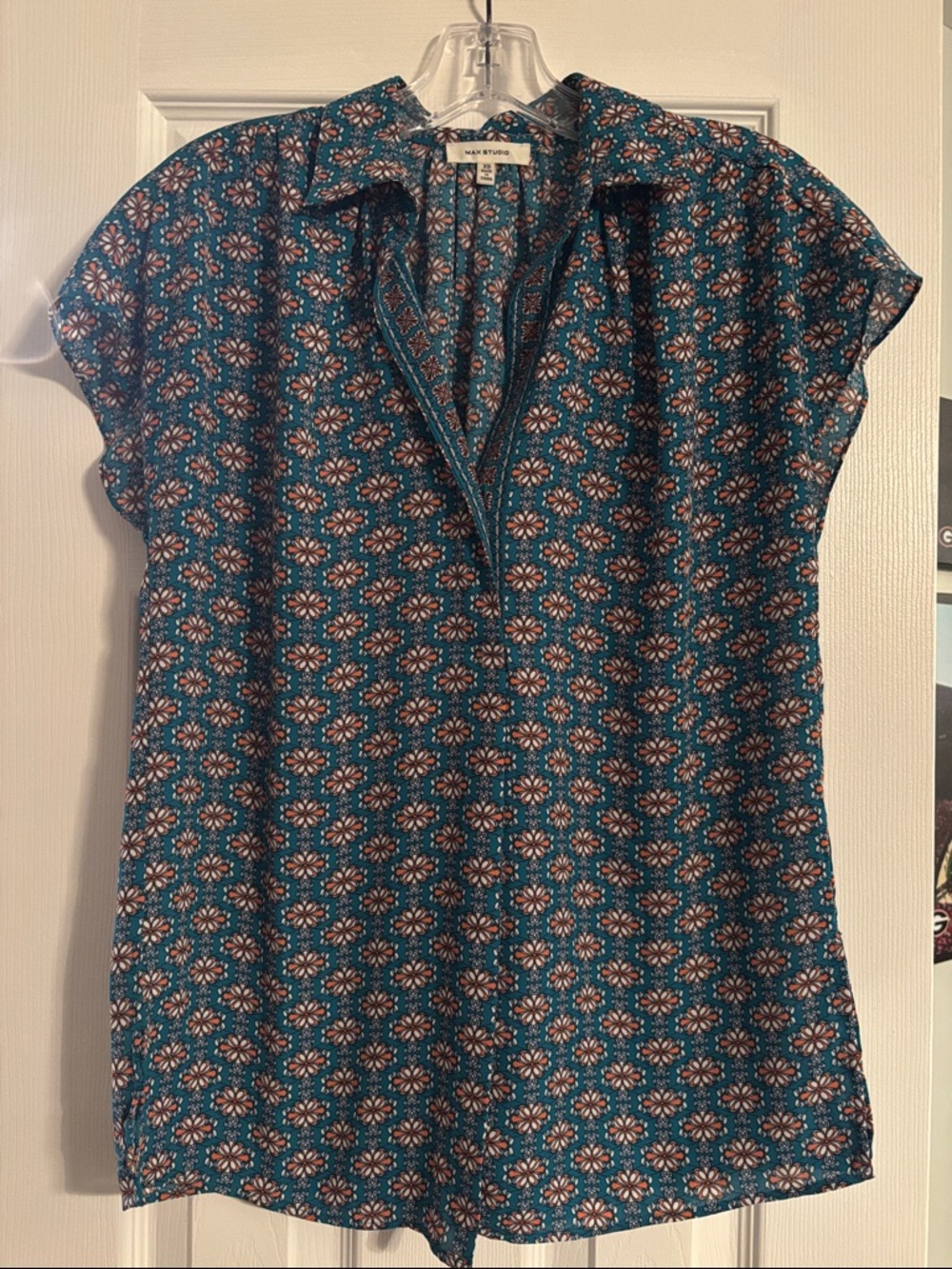 Max Studio Teal Floral Split-Neck Cap-Sleeve Blouse